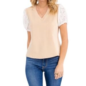 Strut & Bolt Eyelet Puff Short Sleeve Contrast Stretch Top